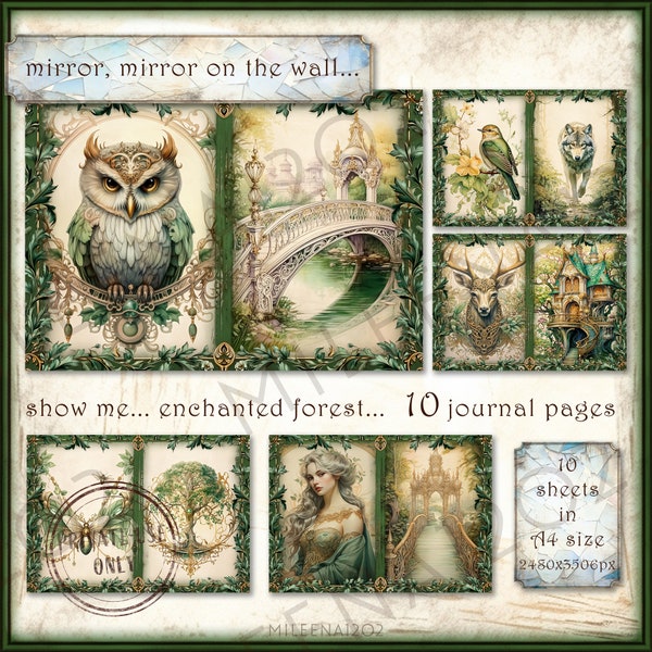 Digital, Printable Journal Paper, Green Forest Theme, Owl, Wolf, Princess, Mouse, Flower, Fern