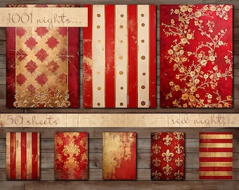 Tema rojo, 50 hojas, patrón de damasco de paquete grande, rayas, puntos, flor de lis, textura apenada, cuadros, papel digital A4