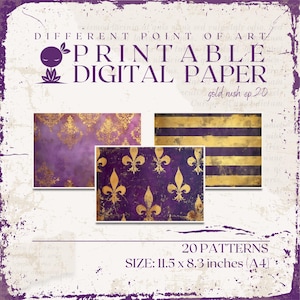 Printable Patterns in A4 size, purple and golden colors for scrapbooking, junk journaling or other paper crafts