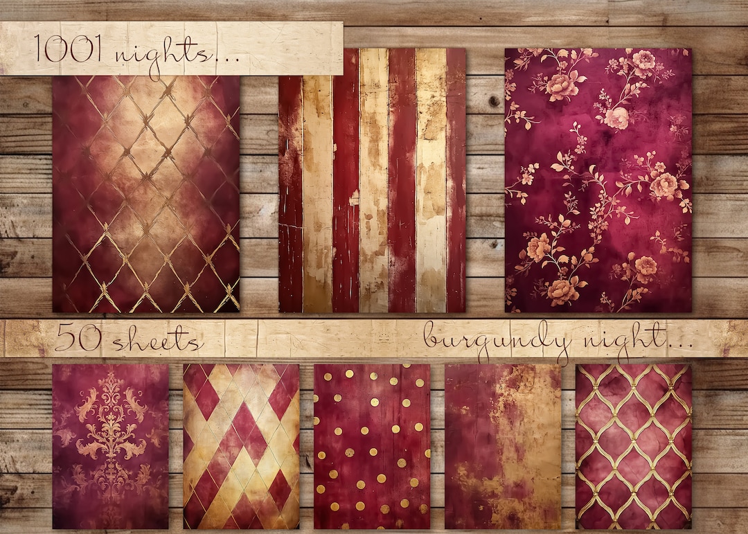 Printable Burgundy Paper, 50 Sheets, Big Bundle Damask Pattern, Stripes ...