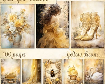 Big Bundle, Yellow Junk Journal Paper, Digital Download, Watercolor, Mixed Media, Flowers, Princess, Swan, Music, Others