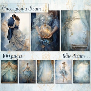 Big Bundle, Blue Junk Journal Paper, Digital Download, Watercolor, Mixed Media, Harp, Carriage, Castle, Music, Others