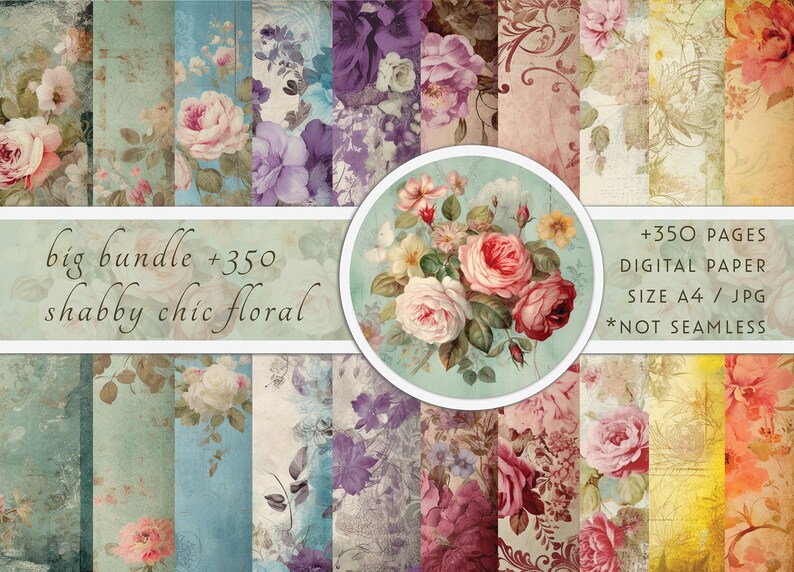 Big Bundle Shabby Journal, Digital paper A4, Junk Journal, Decoupage Papers, Scrapbook Paper in Floral Vintage Style, Commercial Use image 1