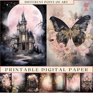 50 dubbele A4-pagina's voor junk-journaalpapier, digitale download, aquarel, gemengde techniek, zwartroze tinten