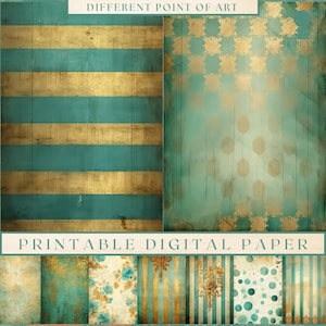 50 motifs doubles A4, 50 feuilles de motif damassé, rayures, points, textures vieillies, papier numérique A4, turquoise