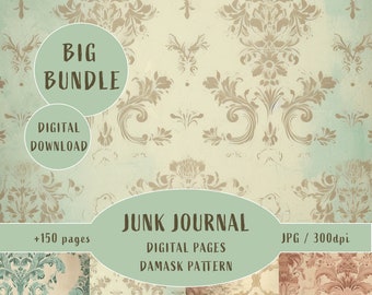 Junk Journal, Shabby Chic, Damask Pattern, vintage Digital Paper, junk journal kit imprimable, junk journal digital, vintage Background
