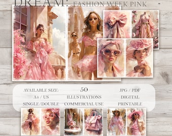 Big Bundle, Pink Junk Journal Paper, Digital Download, Fashion in Watercolor, Mixed Media