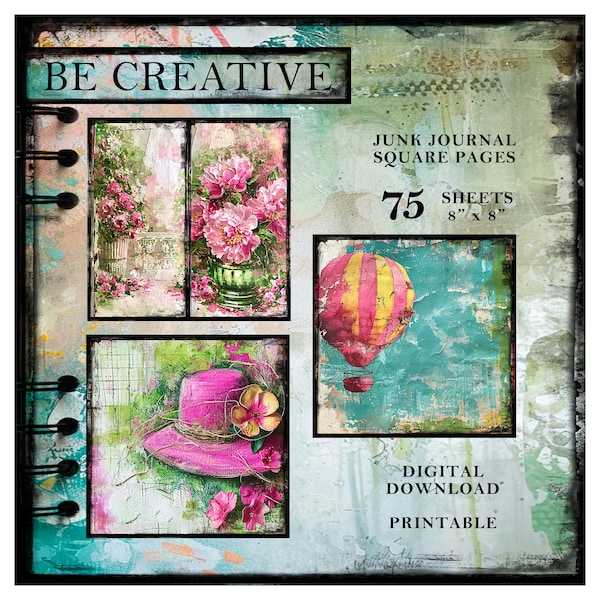 Big Bundle, 100 square pages, 8 x 8 inches,, Be Creative, Spring Day, Junk Journal Paper, Digital Download, Mixed Media, Abstract Painting