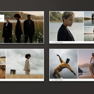May include: A collection of four images showcasing different people in various settings. The first image features three people standing in a field, the second image shows a person looking down, the third image shows a person jumping in the air, and the fourth image shows a person standing on a beach.