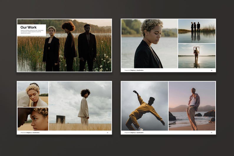 May include: A collection of four images showcasing different people in various settings. The first image features three people standing in a field, the second image shows a person looking down, the third image shows a person jumping in the air, and the fourth image shows a person standing on a beach.