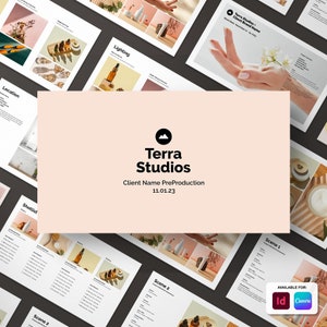 May include: A pre-production planning document for a photoshoot with the title "Terra Studios" and the client name "Client Name". The document includes sections for location, shotlist, lighting, and scenes. The document is available for use in Adobe Illustrator and Canva.