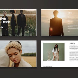 May include: A four-page creative pitch deck for a company called Terra AdAgency. The first page features a group of three people standing in a field. The second page features a person standing in a field with the sun setting in the background. The third page features a person with short hair leaning on another person's shoulder. The fourth page features a person standing in front of a green wall with a plant in the background. The text on the pages includes "Creative Pitch Deck", "Contents", "Intro", and "About".