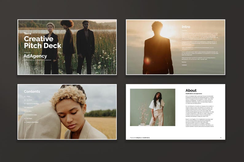 May include: A four-page creative pitch deck for a company called Terra AdAgency. The first page features a group of three people standing in a field. The second page features a person standing in a field with the sun setting in the background. The third page features a person with short hair leaning on another person's shoulder. The fourth page features a person standing in front of a green wall with a plant in the background. The text on the pages includes "Creative Pitch Deck", "Contents", "Intro", and "About".