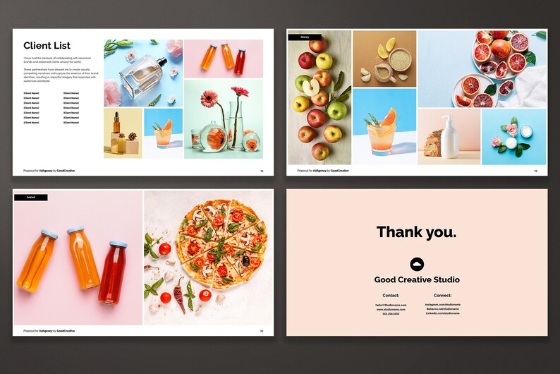 Creative Pitch Deck and Proposal Template for Photographers and Creative Businesses. Client List, Portfolio, Contact pages.