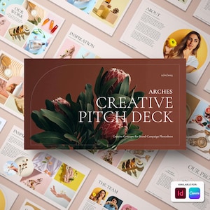 Może przedstawiać: Czerwono-brązowa kreatywna prezentacja z tytułem "ARCHES CREATIVE PITCH DECK" i podtytułem "Kreatywne koncepcje dla sesji zdjęciowej kampanii marki". Okładka przedstawia zbliżenie czerwonego kwiatu z zielonymi liśćmi.