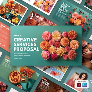 Puede incluir: Una propuesta de servicios creativos para una sesión de fotos de marca. La portada presenta un arreglo floral de dalias rosas, naranjas y rojas sobre un fondo azul verdoso. El texto "FLORA. CREATIVE SERVICES PROPOSAL" se muestra en negrita y blanco.