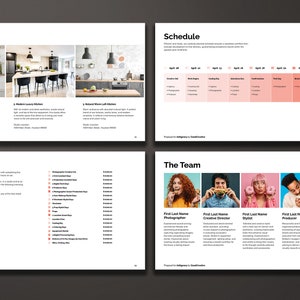Creative Pitch Deck and Proposal Template for Photographers and Creative Businesses. Location, Schedule, Costs, and The Team pages.