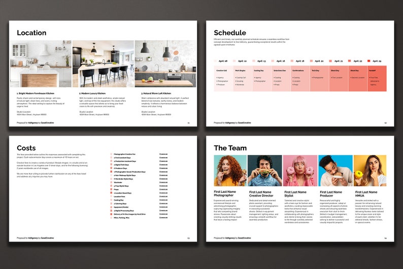 Creative Pitch Deck and Proposal Template for Photographers and Creative Businesses. Location, Schedule, Costs, and The Team pages.