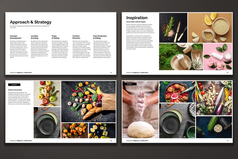 Creative Pitch Deck and Proposal Template for Photographers and Creative Businesses. Approach & Strategy, Inspiration/Moodboard pages.