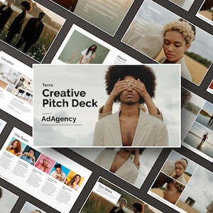 May include: A creative pitch deck for AdAgency, a branding and photography agency. The deck features a modern design with a focus on visual storytelling. The cover image shows a person with their eyes covered by another person's hands.