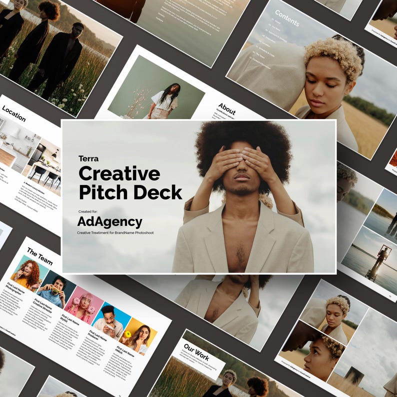 May include: A creative pitch deck for AdAgency, a branding and photography agency. The deck features a modern design with a focus on visual storytelling. The cover image shows a person with their eyes covered by another person's hands.