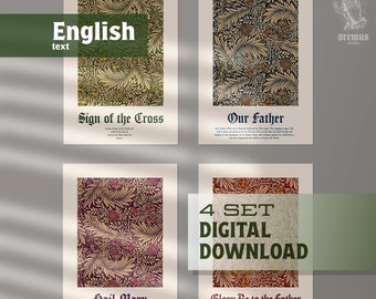 Impresiones digitales en inglés - Conjunto de 4, Señal de la Cruz, Padre Nuestro, Ave María, Gloria, Arte de la pared católica, Decoración católica del hogar, RICA, Bautismo