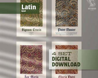 Impresiones digitales latinas - Conjunto de 4, Signum Crucis, Pater Noster, Ave María, Gloria Patri, arte mural católico, decoración católica del hogar, RICA, Bautismo