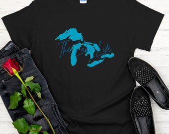 May include: Black t-shirt with a blue outline of the Great Lakes and the text "The Lake Life" in blue script.