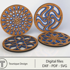 Coasters Laser Cut Files - Set Of 4 Mandala Design Coasters DXF PDF SVG Files