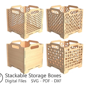 Paquete de cajas de almacenamiento apilables, varios tamaños y patrones, archivos cortados con láser (SVG, PDF y DXF), plantillas de corte, diseño de caja de bricolaje de 3 mm de grosor.