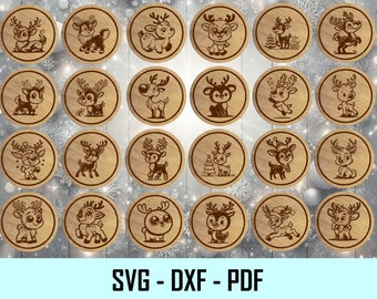 トナカイコースターセット - レーザーカットされたトナカイSVG - レーザー彫刻DXFファイル - レーザーカットと彫刻用のSVGファイル - クリスマスベクター画像