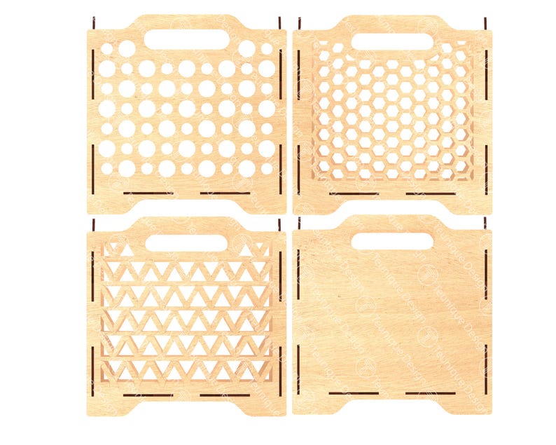 Paquete de cajas de almacenamiento apilables, varios tamaños y patrones, archivos cortados con láser (SVG, PDF y DXF), plantillas de corte, diseño de caja de bricolaje de 3 mm de grosor. imagen 5