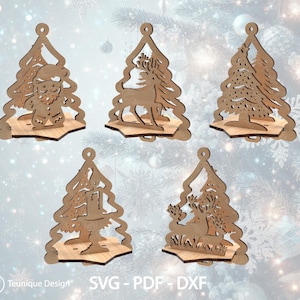 Op de afbeelding: Set van zes lasergesneden houten kerstboomversieringen. Elke versiering heeft een ander ontwerp, waaronder een rendier, een sneeuwpop, een kaars en een kerstboom. De versieringen zijn perfect om een feestelijke touch aan je interieur te geven.