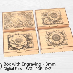 Laser Cut Box With Engraving and Hinge Lid - A5 Format Storage Box - Flowers And Bird - Flip up Lid - SVG PDF DXF Files for Cutting