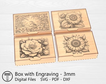 Caja cortada a láser con grabado y tapa abatible - Formato A5 - Flores y pájaros - Tapa abatible - Archivos SVG, PDF y DXF para cortar