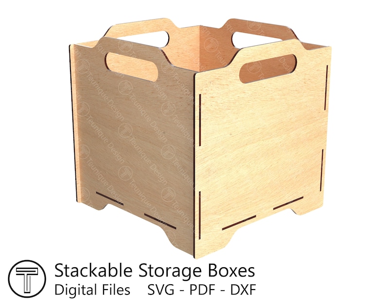 Paquete de cajas de almacenamiento apilables, varios tamaños y patrones, archivos cortados con láser (SVG, PDF y DXF), plantillas de corte, diseño de caja de bricolaje de 3 mm de grosor. imagen 9