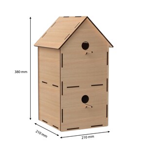 May include: A wooden birdhouse with two nesting holes and a pitched roof. The birdhouse is 15 inches tall, 8.25 inches wide, and 8.25 inches deep.