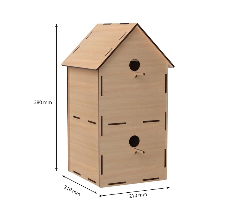 May include: A wooden birdhouse with two nesting holes and a pitched roof. The birdhouse is 15 inches tall, 8.25 inches wide, and 8.25 inches deep.