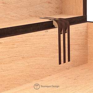 May include: Open wooden box with a light brown interior and dark brown trim. Three dark brown straps hang from the top of the box. The text "Teunique Design" is printed at the bottom.