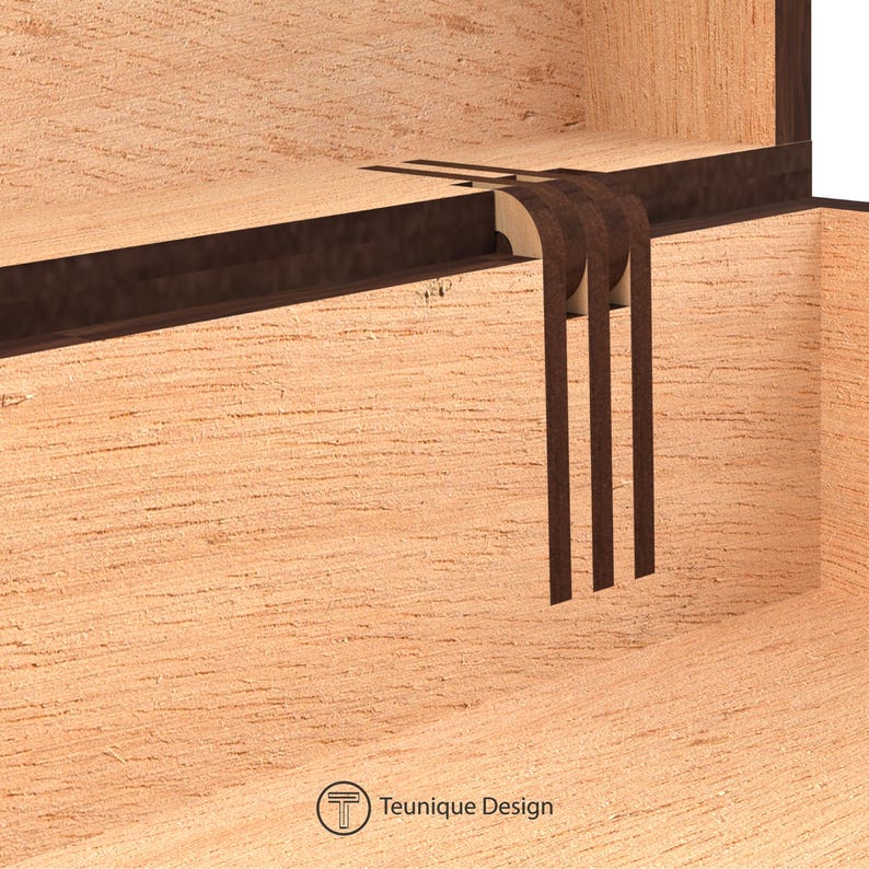 May include: Open wooden box with a light brown interior and dark brown trim. Three dark brown straps hang from the top of the box. The text "Teunique Design" is printed at the bottom.