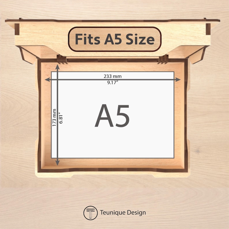 May include: A light brown wooden A5 display box. The box is open, showing a white A5 sheet with dimensions of 233 mm by 173 mm (9.17" x 6.81"). The text "Fits A5 Size" is displayed on the top of the box.