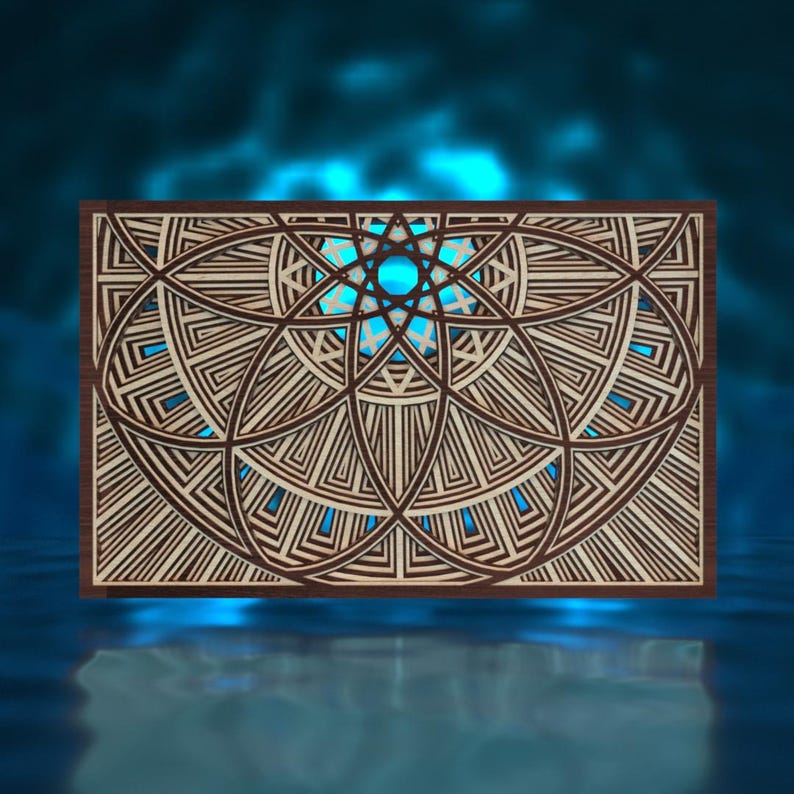 May include: A wooden wall decor with a geometric design featuring a starburst pattern in the center. The design is made up of overlapping circles and squares, creating a complex and intricate pattern.