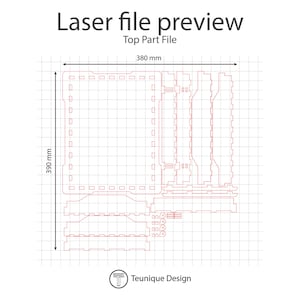 May include: A laser file preview of a top part file, with a red outline design on a grid background. The design measures 380 mm wide and 390 mm high. The text "Laser file preview" and "Top Part File" are displayed at the top.