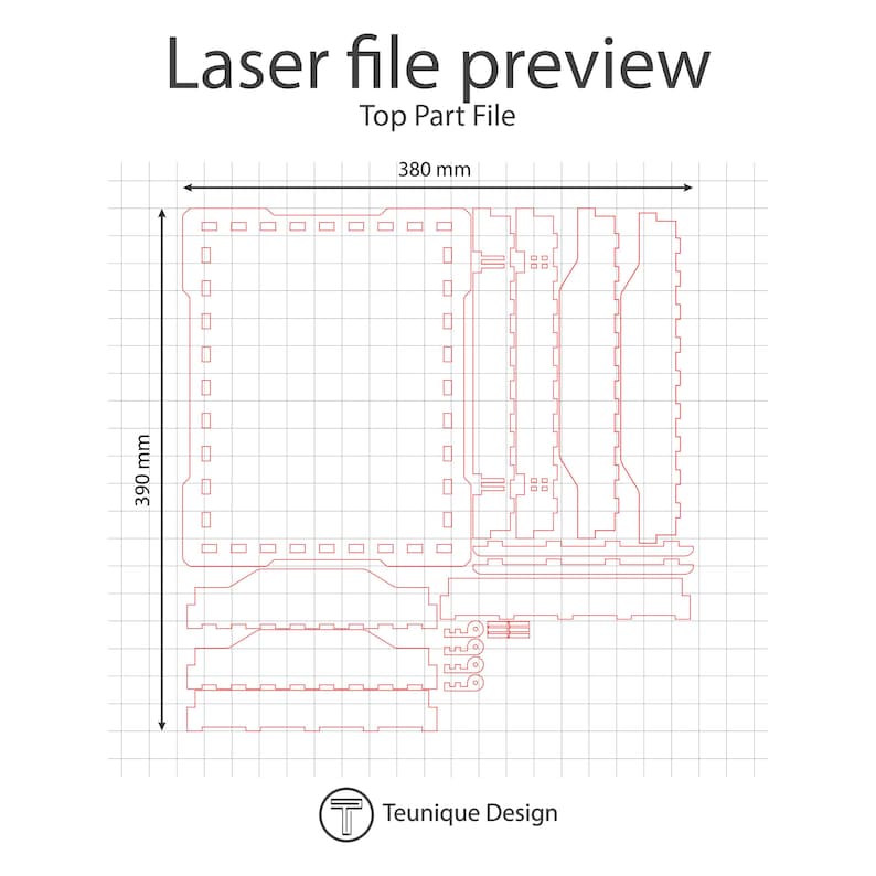 May include: A laser file preview of a top part file, with a red outline design on a grid background. The design measures 380 mm wide and 390 mm high. The text "Laser file preview" and "Top Part File" are displayed at the top.