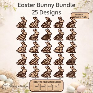 Op de afbeelding: Een Paashaasbundel met 25 ontwerpen. De afbeelding toont 25 unieke konijnontwerpen in verschillende patronen en stijlen. De woorden "Easter Bunny Bundle" en "25 Designs" staan bovenaan. De tekst "Instant Download" staat rechtsboven.