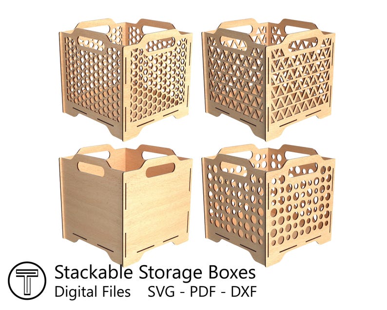 Paquete de cajas de almacenamiento apilables, varios tamaños y patrones, archivos cortados con láser (SVG, PDF y DXF), plantillas de corte, diseño de caja de bricolaje de 3 mm de grosor. imagen 1