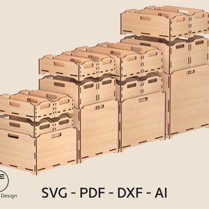 Może przedstawiać: Zestaw drewnianych skrzyń do przechowywania w r&oacute;żnych rozmiarach, ułożonych schodkowo. Każda skrzynia posiada uchwyt i wykonana jest z jasnego drewna. Obraz zawiera tekst "SVG - PDF - DXF - AI".