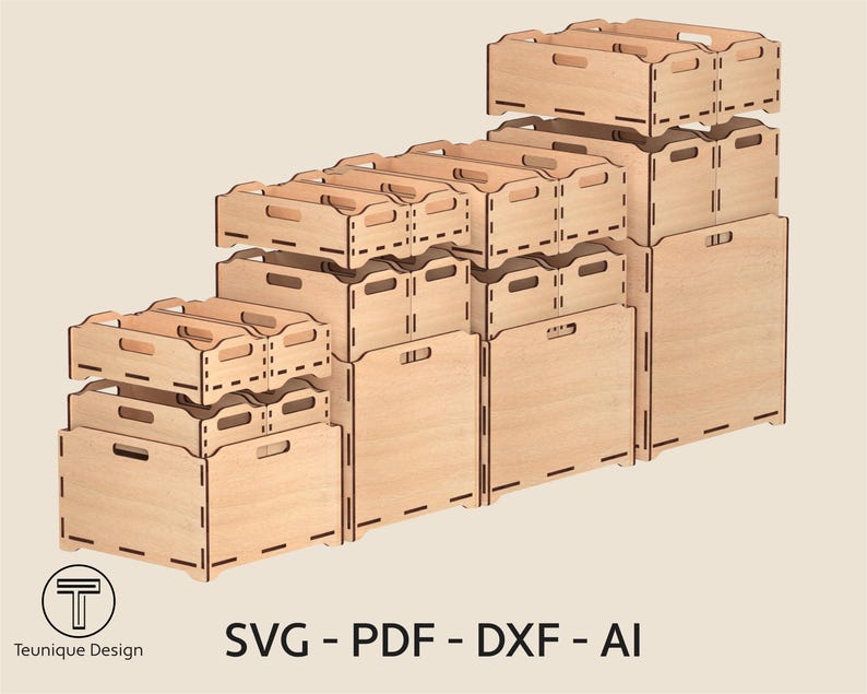 Może przedstawiać: Zestaw drewnianych skrzyń do przechowywania w r&oacute;żnych rozmiarach, ułożonych schodkowo. Każda skrzynia posiada uchwyt i wykonana jest z jasnego drewna. Obraz zawiera tekst "SVG - PDF - DXF - AI".