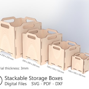 Caja de almacenamiento apilable, archivos cortados por láser de varios tamaños - SVG - PDF - Plantillas de corte DXF - Diseño de caja de bricolaje de 3 mm de espesor