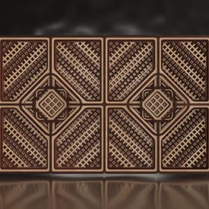 May include: A wooden wall panel with a geometric design. The panel is made up of six squares, each with a different pattern of lines and dots. The squares are arranged in a grid pattern, with the top row of squares being slightly offset from the bottom row. The panel is a dark brown color, with the lines and dots being a lighter brown color.